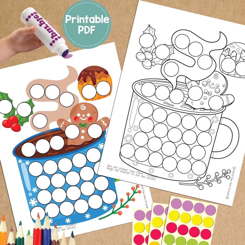 May include: Two printable PDF activity sheets featuring holiday-themed dot marker designs. One sheet shows a mug of hot cocoa with a gingerbread man, the other shows a gingerbread man and a donut. Includes a dot marker.