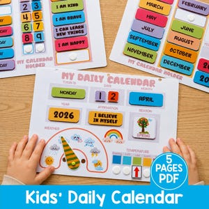 May include: A My Daily Calendar educational chart featuring colorful sections for day, date, month, year, affirmation, season, and weather. The board includes interactive elements like a movable weather dial, temperature scale, and text labels.