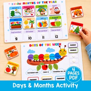 May include: Educational activity set featuring a calendar board titled I KNOW MONTHS OF THE YEAR with colorful monthly tiles and a DAYS OF THE WEEK board with a caterpillar illustration. Includes loose tiles for months and days of the week.