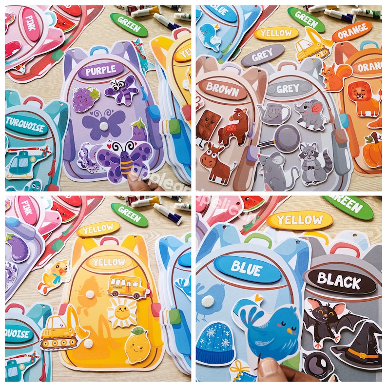 May include: A set of eight colorful felt backpacks with different colored labels and matching felt cutouts. The backpacks are labeled with the colors: pink, turquoise, green, purple, yellow, blue, grey, orange, and black. The cutouts include a helicopter, a butterfly, a bus, a bird, a mouse, a raccoon, a squirrel, a lion, and a bat.