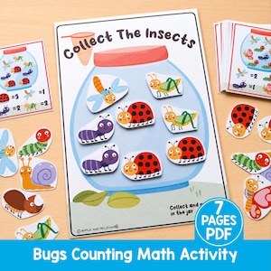 May include: A printable math activity sheet titled Collect The Insects featuring a large blue jar illustration. The set includes various colorful insect cutouts like ladybugs, ants, and caterpillars, along with smaller counting cards and a 7 pages PDF label.