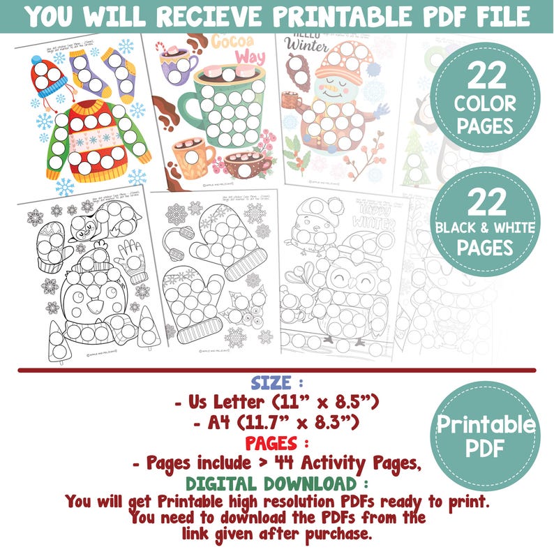 May include: A collection of printable PDF activity pages featuring winter-themed illustrations, including a snowman, mittens, and a sweater. The set includes 22 color and 22 black and white pages, with US Letter and A4 sizes available. The text reads "YOU WILL RECIEVE PRINTABLE PDF FILE".
