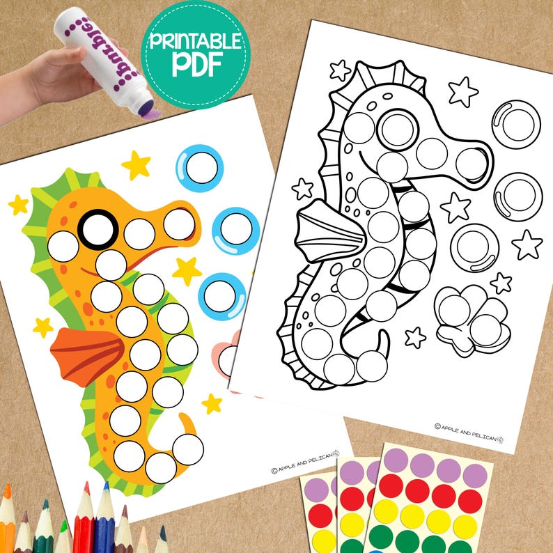 May include: Printable dot-to-dot activity featuring a yellow and orange seahorse with blue bubbles. The printable includes a colour version and a black and white version. The image also shows a set of colourful stickers.