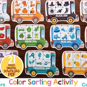 Può includere: Un'attività di ordinamento dei colori stampabile per bambini con 12 autobus colorati con diversi oggetti su ciascuno. L'attività comprende 21 pagine ed è un download digitale in formato PDF.