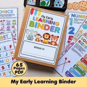 Op de afbeelding: Een bruine map met de titel My Early Learning Binder met een omslag met een cartoonolifant, aap, leeuw en beer. De set bevat educatieve werkbladen voor fonetiek, cijfers en sorteren, met een label van 65 pagina's PDF zichtbaar.