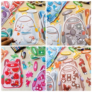 May include: A set of colorful felt backpacks with matching color labels and various felt cutouts of animals, food, and objects. The backpacks are designed for children to learn colors and match objects.