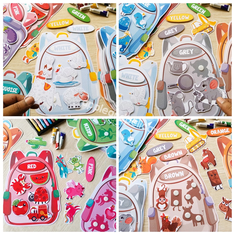 May include: A set of colorful felt backpacks with matching color labels and various felt cutouts of animals, food, and objects. The backpacks are designed for children to learn colors and match objects.