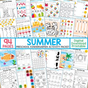 May include: A set of 94 printable summer-themed activity pages for preschool and kindergarten. The pages feature a variety of activities, including counting, tracing, matching, and coloring. The pages are illustrated with colorful images of summer-themed objects, such as seashells, fish, and ice cream.