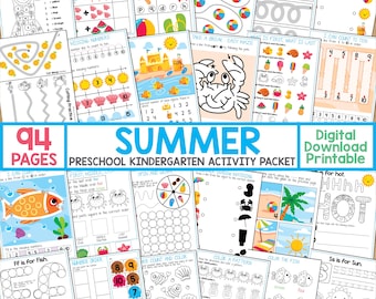 Summer Preschool Kindergarten Activity Packet, Summer Kids Activity, Homeschool Printable, Preschool Kindergarten Summer Worksheet