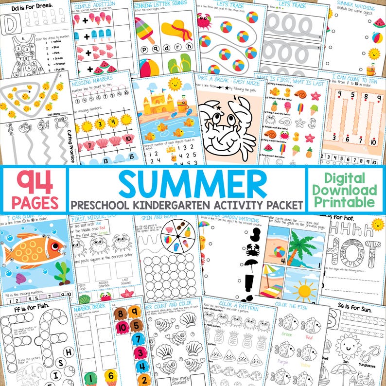 K&ouml;nnte beinhalten: Ein Satz von 94 druckbaren Sommer-Aktivit&auml;tsseiten f&uuml;r Kindergarten und Vorschule. Die Seiten bieten eine Vielzahl von Aktivit&auml;ten, darunter Z&auml;hlen, Nachzeichnen, Zuordnen und Ausmalen. Die Seiten sind mit bunten Bildern von sommerlichen Objekten wie Muscheln, Fischen und Eis illustriert.