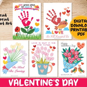 Può includere: Una collezione di arte stampabile a tema San Valentino con impronte di mani, impronte digitali e arte a punti. I disegni includono fiori di impronte di mani, un uccello con cuori e bouquet. Il testo include "Love grows when we share it" e "Happy Valentine's Day".