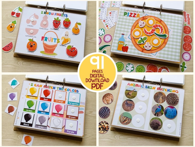 May include: A set of 91 printable pages for kids to learn about fruits, colors, pizza toppings, and animal skin matching. The pages are colorful and feature illustrations of various fruits, colors, pizza toppings, and animals.