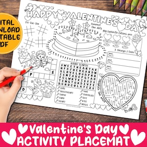 May include: Black and white Valentine's Day activity placemat with a variety of games and activities, including a word search, maze, and connect-the-dots. The placemat features the text "Happy Valentine's Day" and "Valentine's Day Activity Placemat".