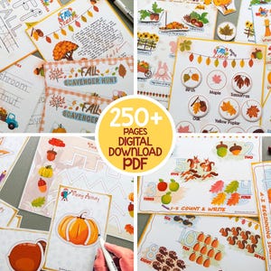 May include: A collection of printable fall-themed educational worksheets for kids. The worksheets feature various activities, including counting, tracing, and vocabulary building. The worksheets are colorful and engaging, with illustrations of leaves, pumpkins, and other fall symbols.