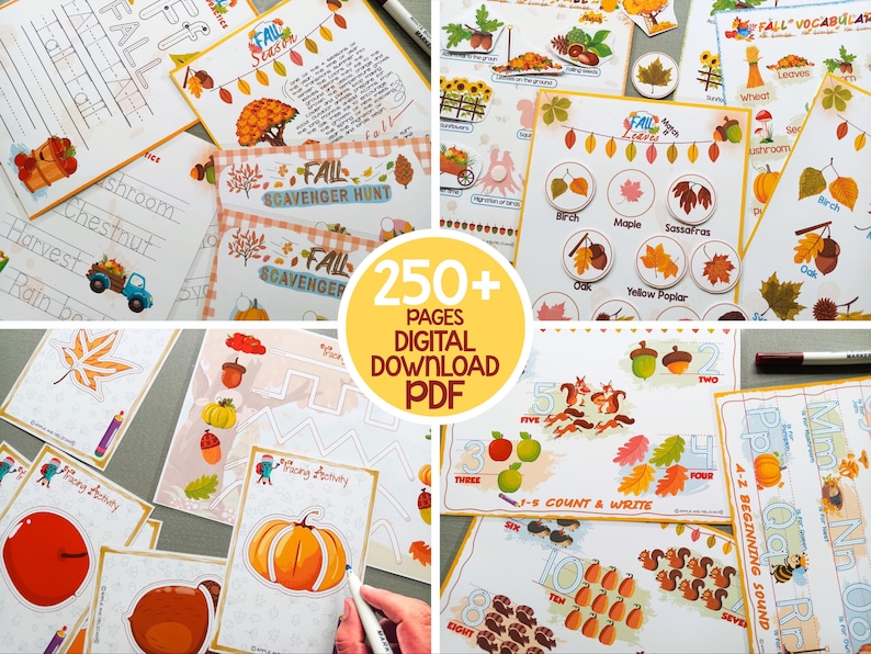 May include: A collection of printable fall-themed educational worksheets for kids. The worksheets feature various activities, including counting, tracing, and vocabulary building. The worksheets are colorful and engaging, with illustrations of leaves, pumpkins, and other fall symbols.