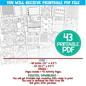 May include: A digital download of 43 printable summer activity pages for kids. The pages include dot-to-dot, coloring, mazes, word searches, and more. The pages are designed for US Letter (11" x 8.5") or A4 (11.7" x 8.3") paper.
