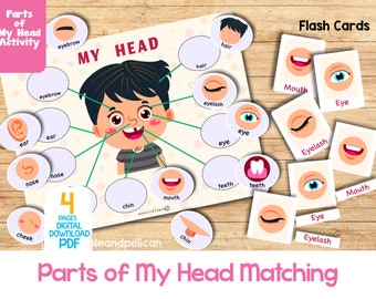 Afdrukbare gezichtsdelen die passen bij het werkblad met flashcard, lichaamsdelenactiviteit, peuteractiviteit druk boek voorschoolse Montessori-activiteit