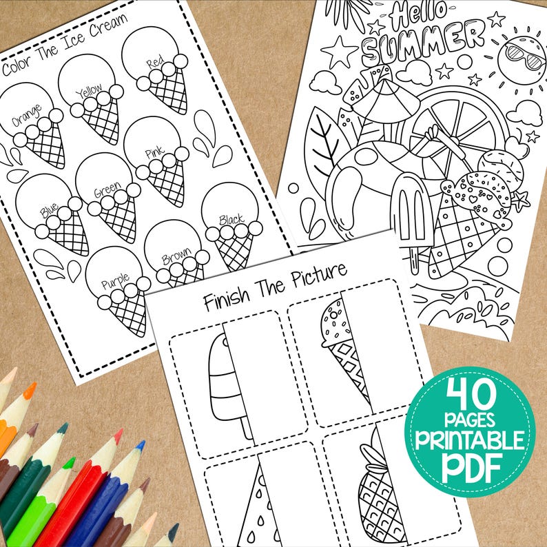 Pode incluir: P&aacute;ginas para colorir imprim&iacute;veis em preto e branco com cones de sorvete, picol&eacute;s, abacaxis e uma cena de ver&atilde;o com o texto "Hello Summer".