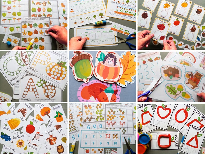 May include: A set of printable autumn-themed educational worksheets for kids. The worksheets feature various activities, including counting, matching, and shape recognition. The worksheets include images of acorns, leaves, squirrels, and other fall-related objects.