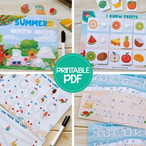 May include: A collection of printable educational activity sheets for children. Includes a summer-themed calendar, a fruit identification game, tracing exercises, and lowercase letter practice. A black marker is also included.