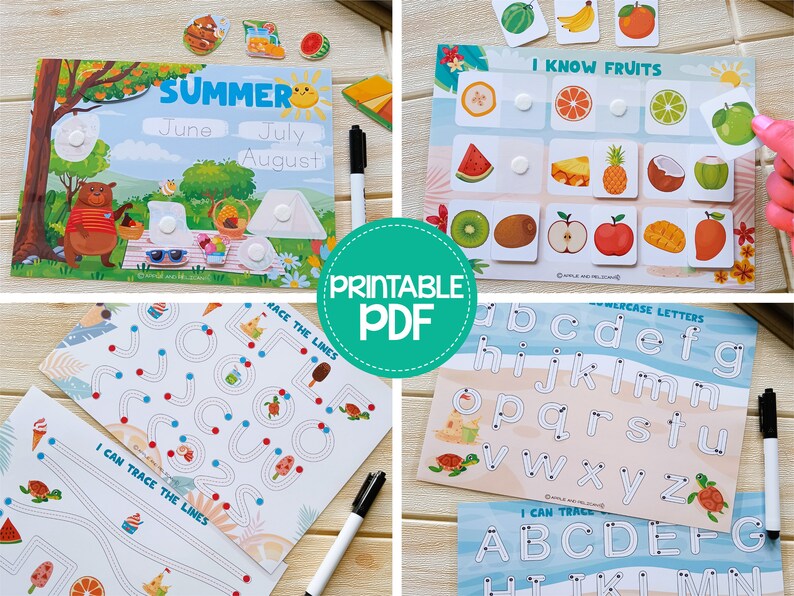 May include: A collection of printable educational activity sheets for children. Includes a summer-themed calendar, a fruit identification game, tracing exercises, and lowercase letter practice. A black marker is also included.