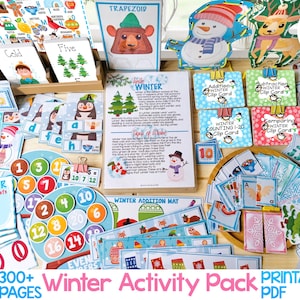 Op de afbeelding: Een kleurrijk, printbaar winteractiviteitenpakket met meer dan 300 pagina's aan educatieve activiteiten voor kinderen. Het pakket bevat playdough-matten, tel- en optelclipkaarten en meer. Het pakket is perfect voor de kleuterschool en de basisschool.
