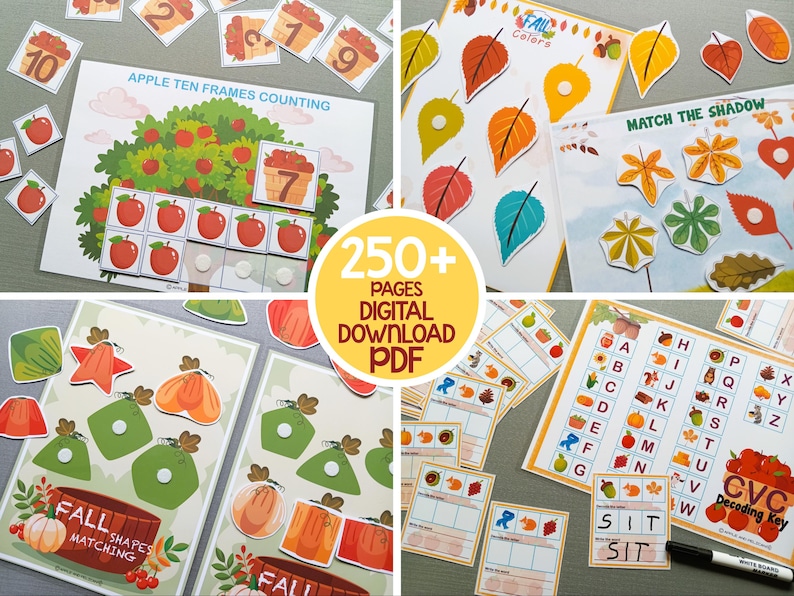 May include: A set of 250+ printable fall-themed educational activity pages for kids. The pages include activities like counting apples, matching leaf shapes, matching shadows, and alphabet practice.