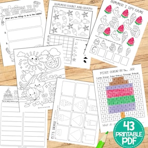 May include: A set of 43 printable summer-themed activity sheets for kids. The sheets include coloring pages, word searches, counting activities, and more. The sheets are black and white and feature cute illustrations of summer-themed objects like ice cream cones, watermelons, and seashells.