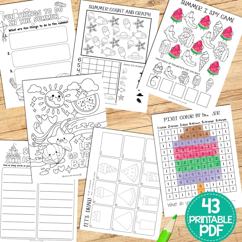 May include: A set of 43 printable summer-themed activity sheets for kids. The sheets include coloring pages, word searches, counting activities, and more. The sheets are black and white and feature cute illustrations of summer-themed objects like ice cream cones, watermelons, and seashells.