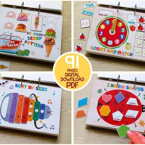 May include: A set of 91 printable activity pages for kids. The pages feature colorful illustrations and activities such as counting, matching, sorting, and learning shapes. The pages are designed to be used with a binder.