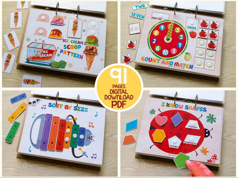 May include: A set of 91 printable activity pages for kids. The pages feature colorful illustrations and activities such as counting, matching, sorting, and learning shapes. The pages are designed to be used with a binder.