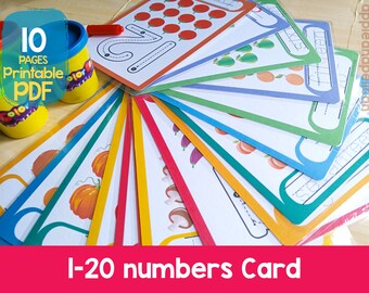 Könnte beinhalten: Ein Satz von 10 druckbaren Zahlenkarten mit bunten Rändern und Illustrationen verschiedener Früchte und Gemüse. Die Karten sind so konzipiert, dass Kinder die Zahlen von 1 bis 20 lernen. Der Text "1-20 numbers Card" ist unten im Bild gedruckt.