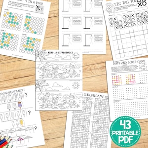 May include: A printable PDF with 43 pages of summer-themed activities for kids. The activities include connect four, find the differences, tic-tac-toe, dots and boxes, sudoku, and color what's next.