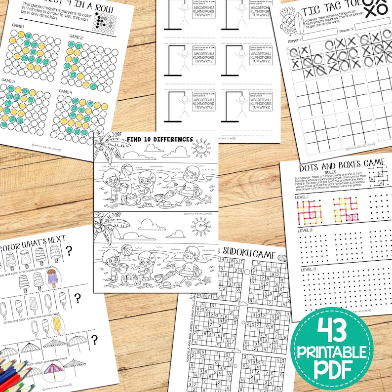 May include: A printable PDF with 43 pages of summer-themed activities for kids. The activities include connect four, find the differences, tic-tac-toe, dots and boxes, sudoku, and color what's next.