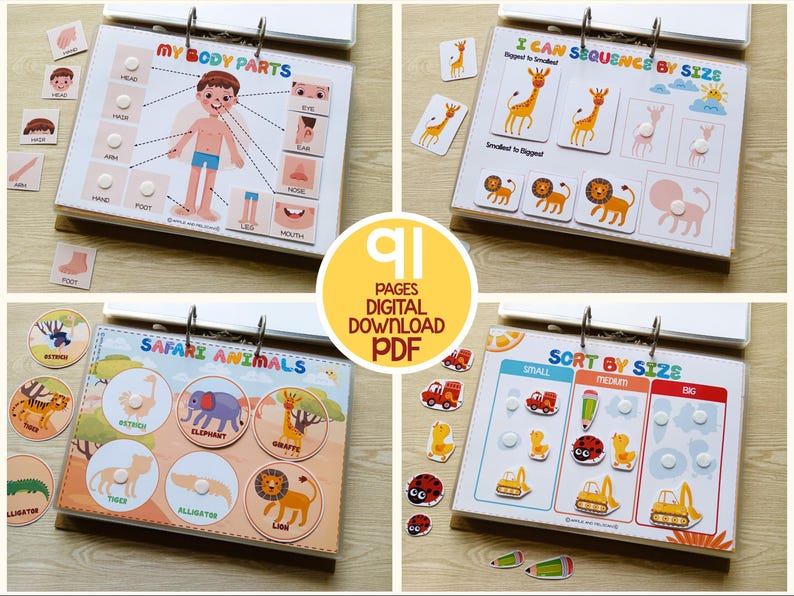 May include: A set of 91 printable pages for kids to learn about body parts, safari animals, and sequencing by size. The pages feature colorful illustrations and interactive activities.