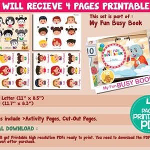 Peut inclure: Un livre d'activit&eacute;s imprimable en PDF pour enfants, comprenant 4 pages d'activit&eacute;s et de d&eacute;coupages. Le livre comprend une couverture avec un personnage de dessin anim&eacute; et le titre "My Fun Busy Book". Le livre est con&ccedil;u pour aider les enfants &agrave; apprendre les &eacute;motions et comprend des images de diff&eacute;rentes expressions faciales.