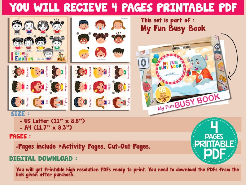 Peut inclure: Un livre d'activit&eacute;s imprimable en PDF pour enfants, comprenant 4 pages d'activit&eacute;s et de d&eacute;coupages. Le livre comprend une couverture avec un personnage de dessin anim&eacute; et le titre "My Fun Busy Book". Le livre est con&ccedil;u pour aider les enfants &agrave; apprendre les &eacute;motions et comprend des images de diff&eacute;rentes expressions faciales.