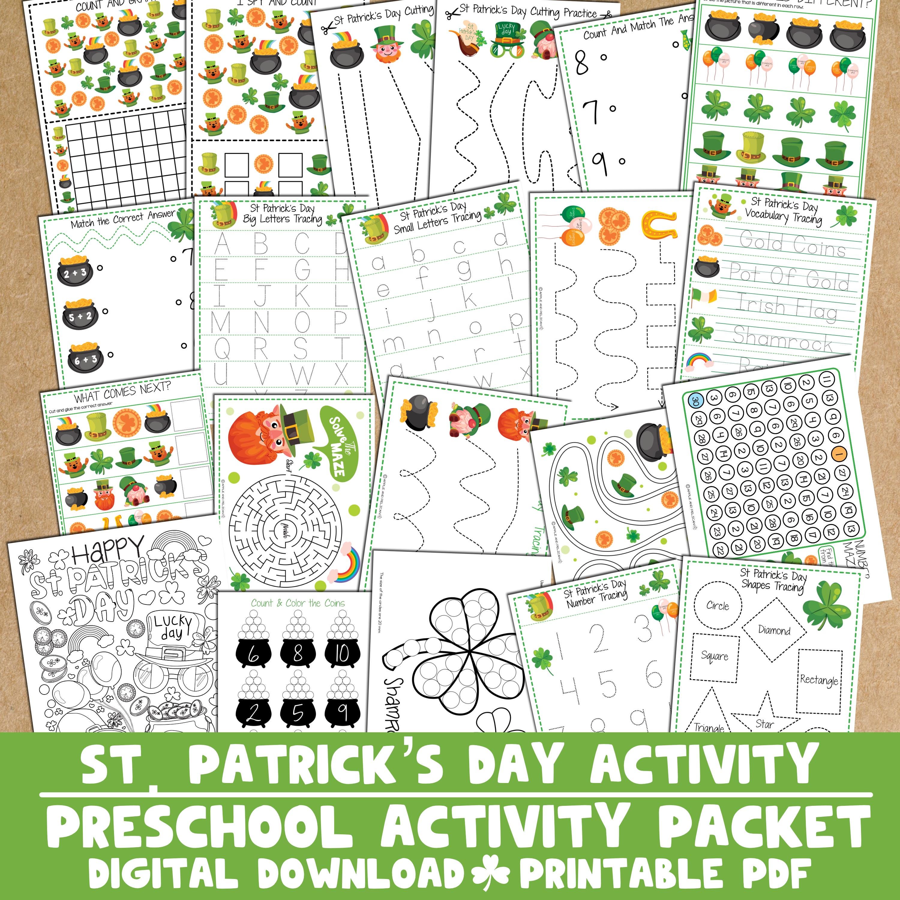 St. Patrick’s Day Printable Kid Activity Preschool Packet, Printable Preschool Worksheet, Toddler Preschool Kindergarten Homeschool Activity