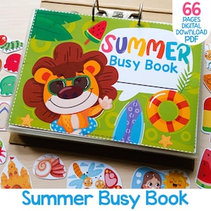 Könnte beinhalten: Ein farbenfrohes "Summer Busy Book" mit einem Löwen mit Sonnenbrille auf dem Cover. Das offene Buch zeigt verschiedene sommerliche Illustrationen und Ausschnitte, darunter eine Wassermelone, Eiscreme und ein Strandball. Der Text "66 Pages Digital Download PDF" ist ebenfalls sichtbar.