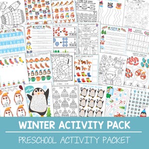 Puede incluir: Una colección de hojas de actividades con temática invernal para preescolares. Las hojas incluyen páginas para colorear, laberintos, juegos de emparejamiento y ejercicios de trazado de números y letras. El texto "WINTER ACTIVITY PACK" y "PRESCHOOL ACTIVITY PACKET" son visibles.
