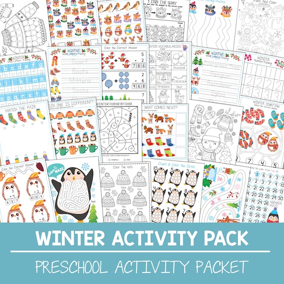 Winter Printable Kid Activity Preschool Packet, Printable Preschool Worksheet, Toddler Preschool Kindergarten Homeschool Winter Activity