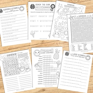 May include: A set of ten printable summer-themed activity sheets for kids. The sheets include a word search, crossword puzzle, word scramble, code breaker, boggle, and riddles. The sheets are black and white and feature a variety of summer-themed images, such as a beach, a crab, a pineapple, and a sun.