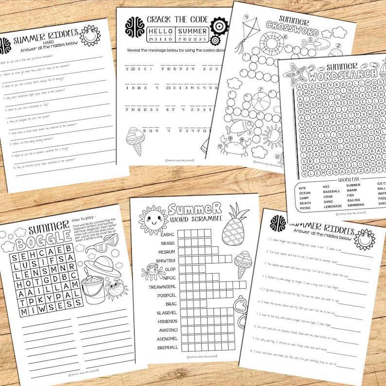 May include: A set of ten printable summer-themed activity sheets for kids. The sheets include a word search, crossword puzzle, word scramble, code breaker, boggle, and riddles. The sheets are black and white and feature a variety of summer-themed images, such as a beach, a crab, a pineapple, and a sun.