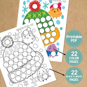 May include: Two printable PDF pages featuring winter-themed dot marker activities. One page is in black and white, the other in color. Each page has a hat and bird design with circles for dot markers. Includes 22 color and 22 black & white pages.