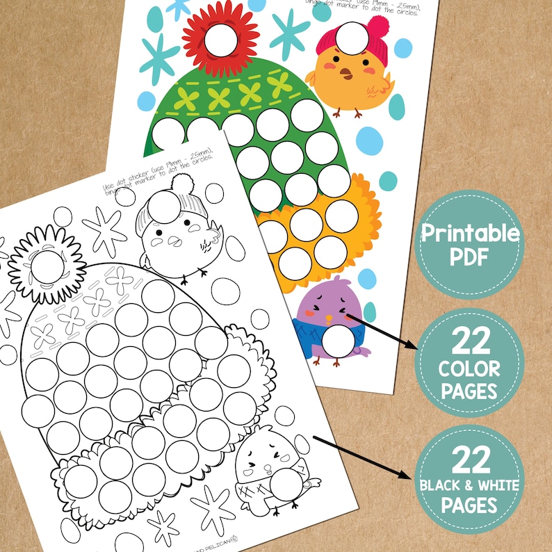 May include: Two printable PDF pages featuring winter-themed dot marker activities. One page is in black and white, the other in color. Each page has a hat and bird design with circles for dot markers. Includes 22 color and 22 black & white pages.