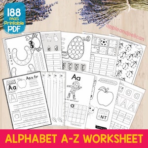 Hoja de trabajo del alfabeto, práctica de Abc de formación de letras imprimible, recurso de aprendizaje preescolar en casa, actividad de rastreo, libro de trabajo para niños