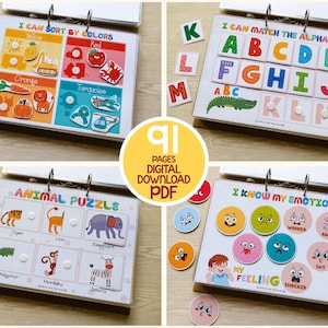 May include: A set of 91 printable pages for kids to learn about colors, the alphabet, animals, and emotions. The pages feature colorful illustrations and simple activities.