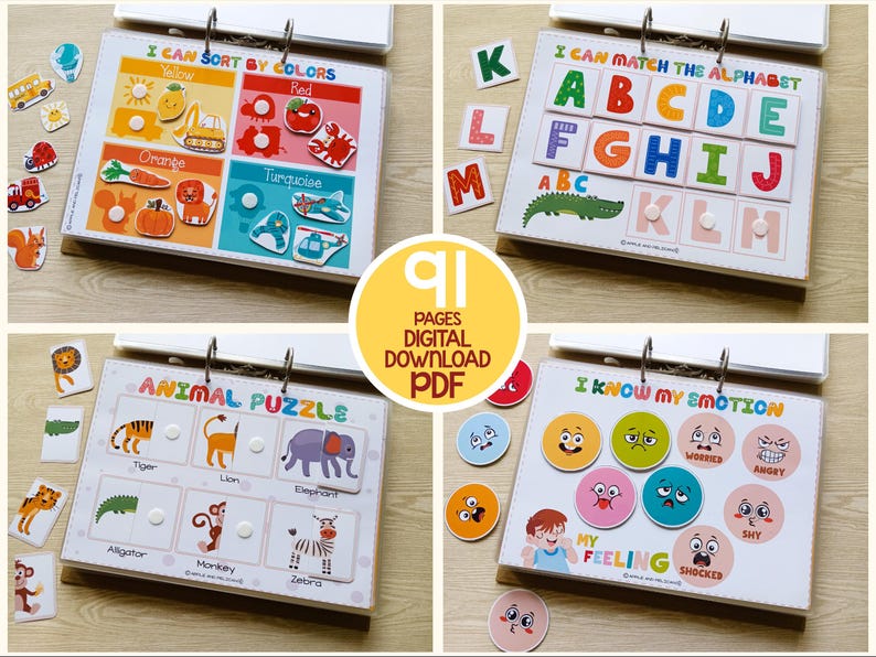 May include: A set of 91 printable pages for kids to learn about colors, the alphabet, animals, and emotions. The pages feature colorful illustrations and simple activities.