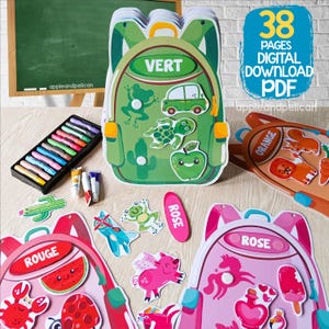 Puede incluir: Un conjunto de 38 p&aacute;ginas imprimibles con mochilas coloridas con diferentes colores y objetos. Los colores son rojo, verde y rosa. Los objetos incluyen una sand&iacute;a, una rana, un coche, una tortuga, una manzana, un cerdo, un unicornio, una botella y un cucurucho de helado. El texto en las mochilas dice "Rouge", "Vert" y "Rose".