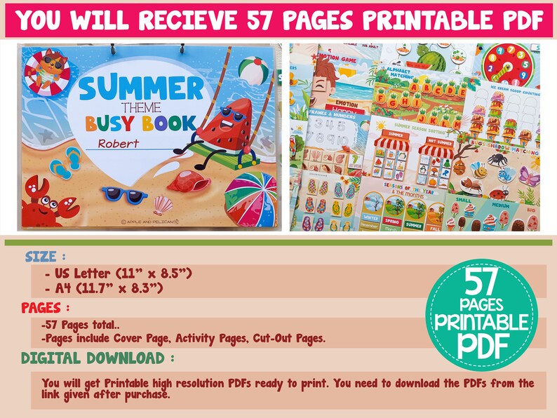 May include: A printable PDF summer-themed busy book with 57 pages. The cover features a watermelon on a swing and a crab on a beach. Includes activity pages, cut-out pages, and the text "Summer Theme Busy Book". The size is US Letter (11" x 8.5").